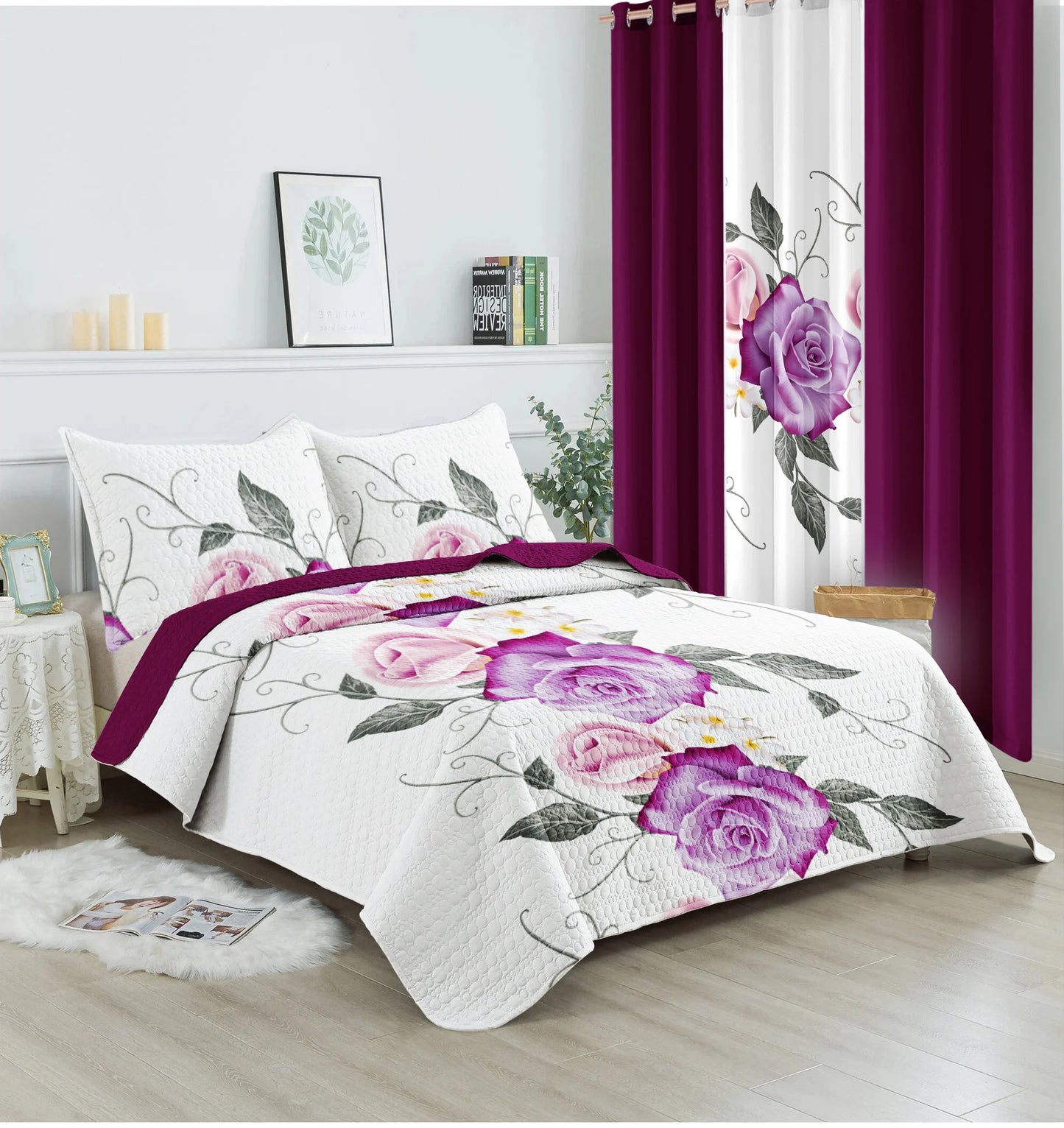 Pink Rose Floral 9Pcs Bedding Set Microfiber Bedspread 2 Printed 4 Solid Curtains 2 Pillowcases Home Decor