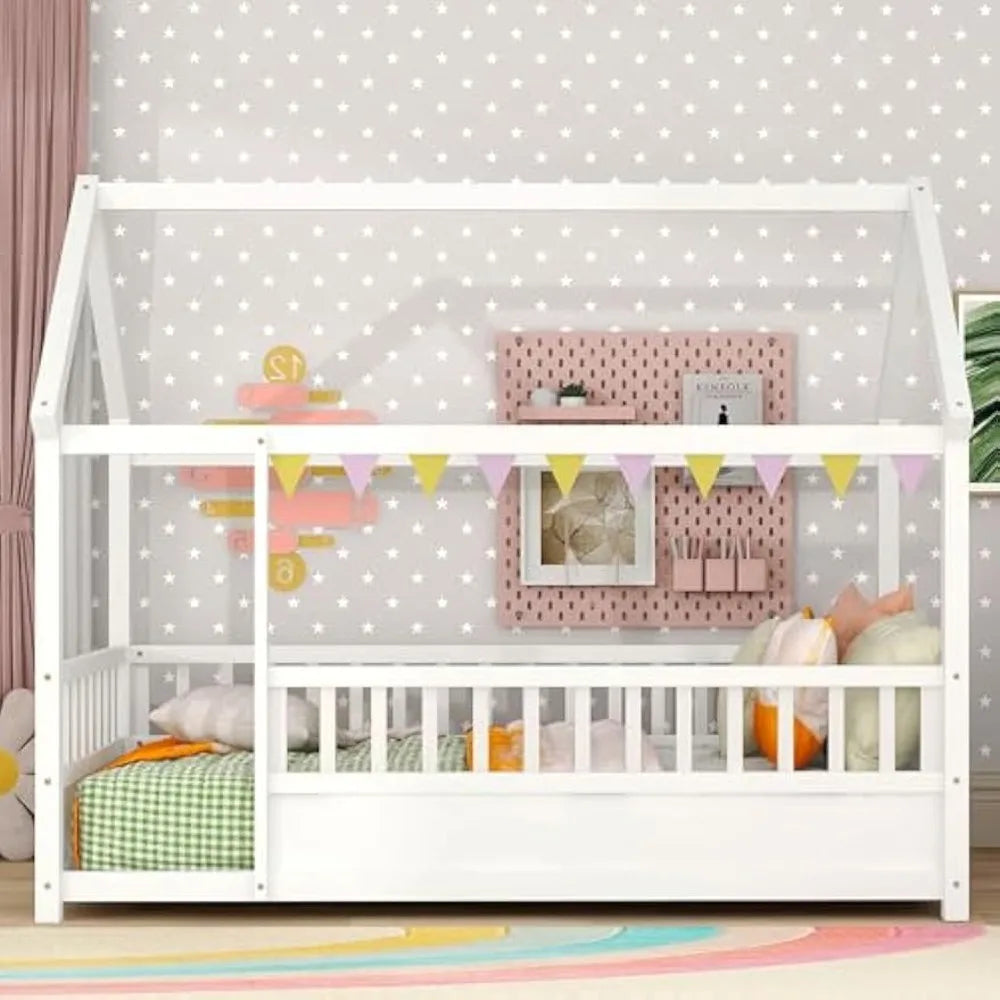 Montessori Floor Bed Twin Size, Twin Montessori Bed with Fence, Twin Size House Bed for Kids, Girls, Boys