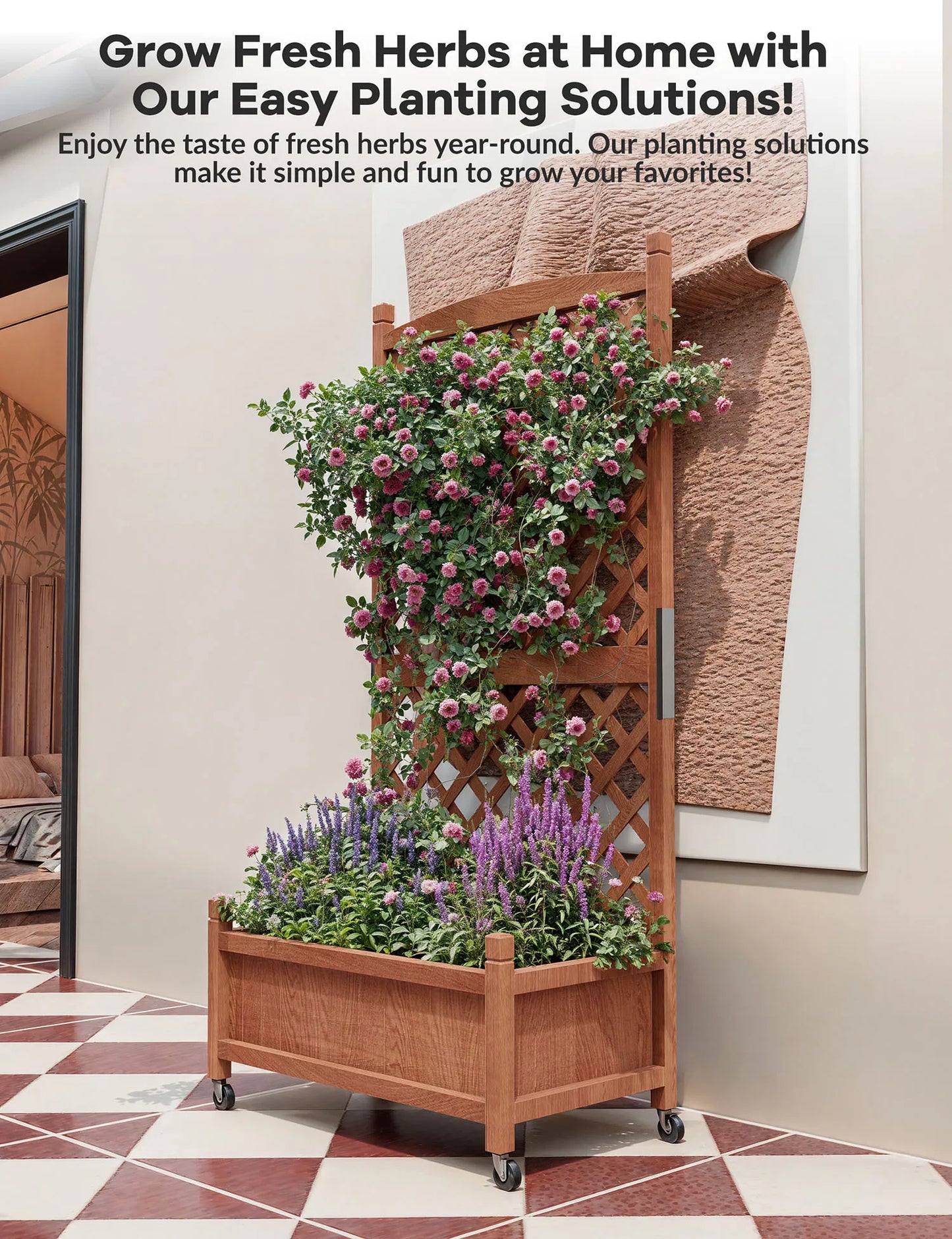 Twister.CK Wood Planter Box With Trellis On Wheels For Plants
