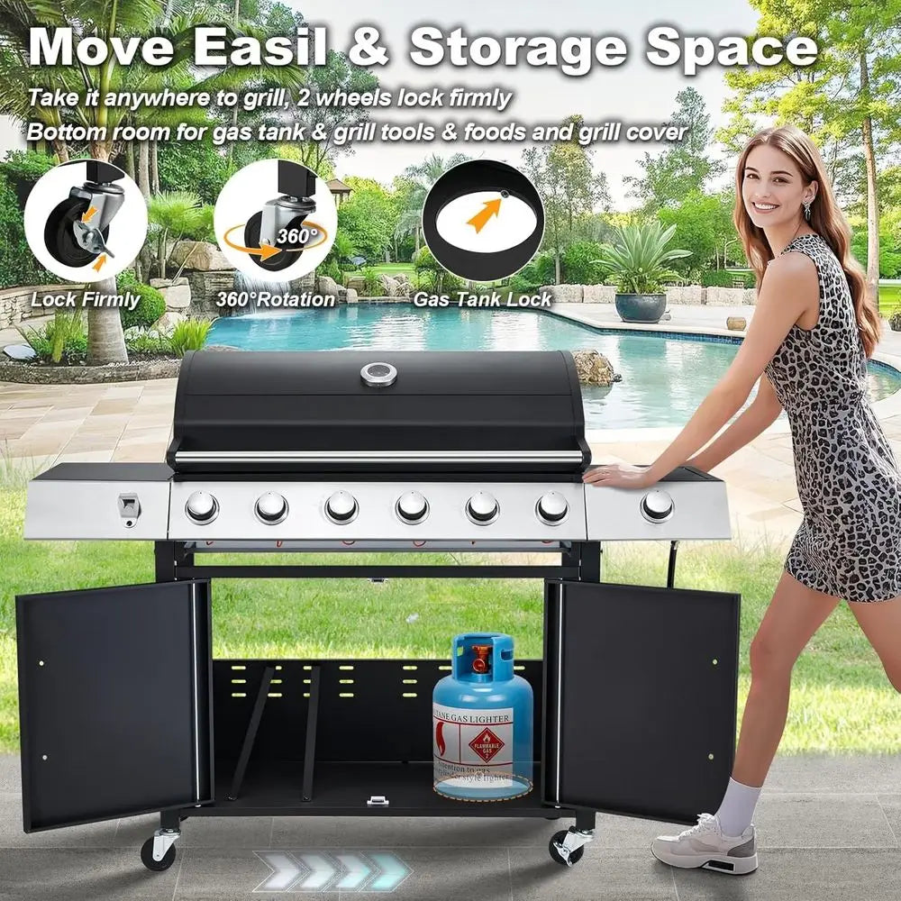 Upgraded 60,000 BTU Stainless Steel Burner Barbecue Grill, 6 Burner BBQ Propane Gas Grill with Side Stove & Cast Iron Grates for