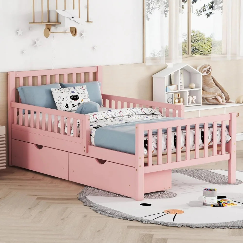 Kids Twin Bed With Guardrails Headboard Footboard And Drawers