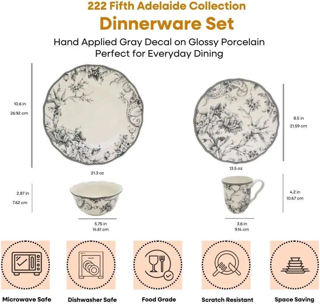 BestsellerAdelaide Moss 16-Piece Porcelain Dinnerware Set – Service for 4, Plates, Bowls & Mugs, Hand-Applied Decal, Microwave &