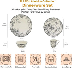 BestsellerAdelaide Moss 16-Piece Porcelain Dinnerware Set – Service for 4, Plates, Bowls & Mugs, Hand-Applied Decal, Microwave &