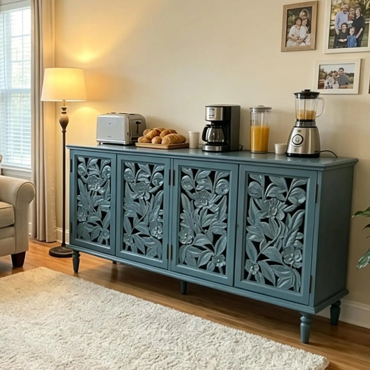 4-Door 61" Sideboard Buffet Console Adjustable Shelves Wood Grain Hidden Handles Kitchen Dining Living Storage Customized