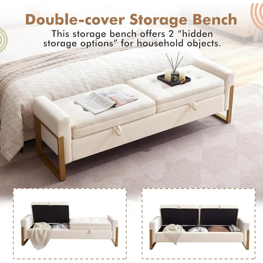 Velvet Storage Bench With Golden Legs For Bedroom Storage