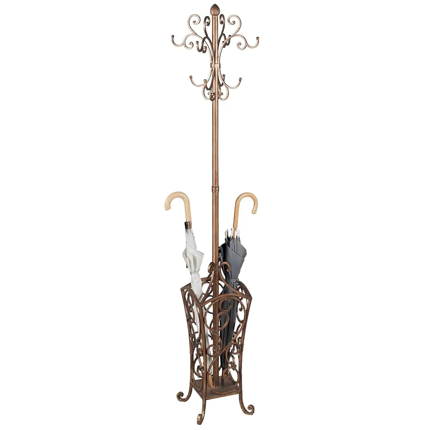Antique Gold Metal Coat & Hat Rack Stand with Scroll Design for Entryway Hallway 72