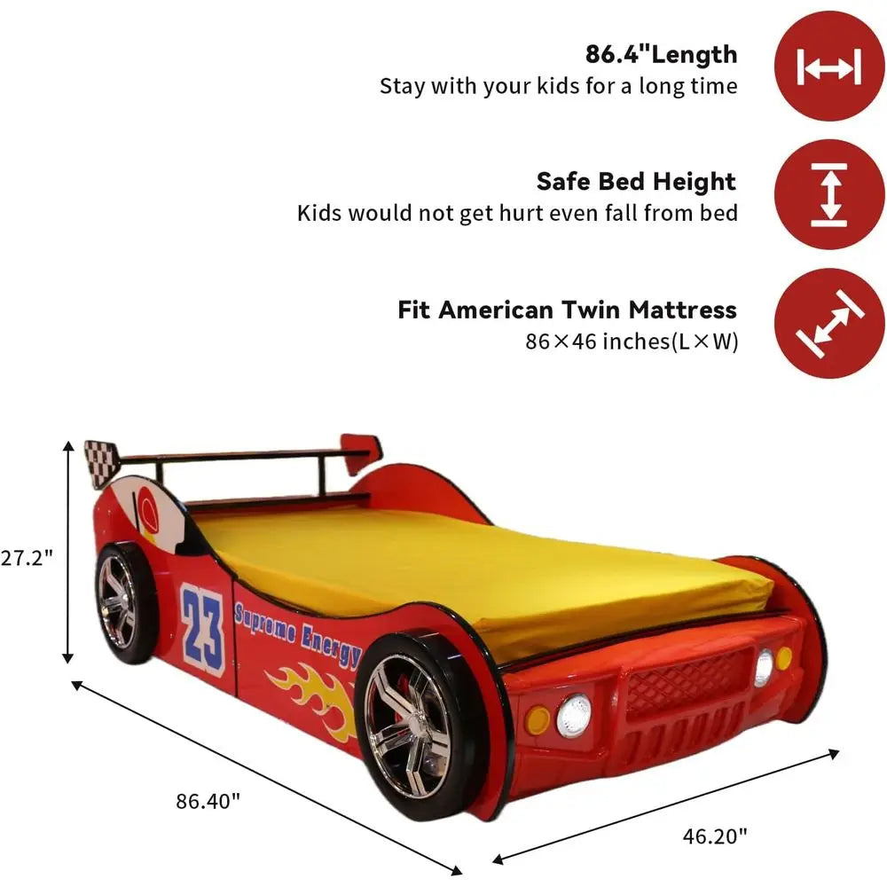 Twin Size Kids Race Car Wooden Platform Bed with Board Wheels and Support Slats for Boys Toddlers Bedroom (Red)