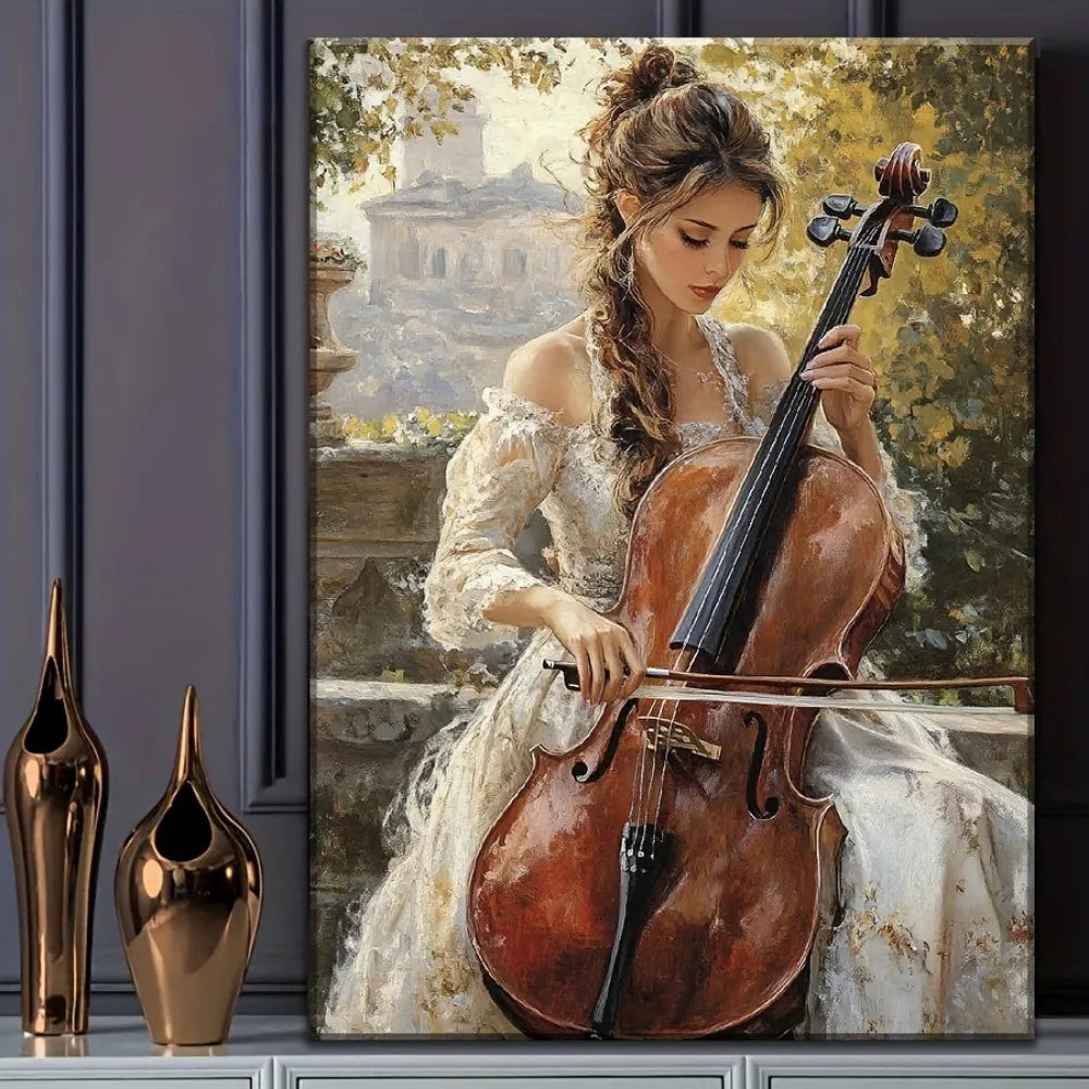 Cellist Canvas Art Print Pine Frame Modern Musician Wall Decor