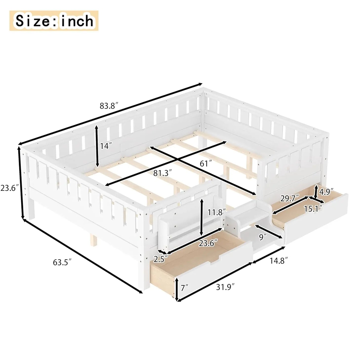 Queen Size Montessori Kids Bed Frame with Stairs Bookshelf Drawers Storage Low-Profile Wood for Boys Girls Room, Customized