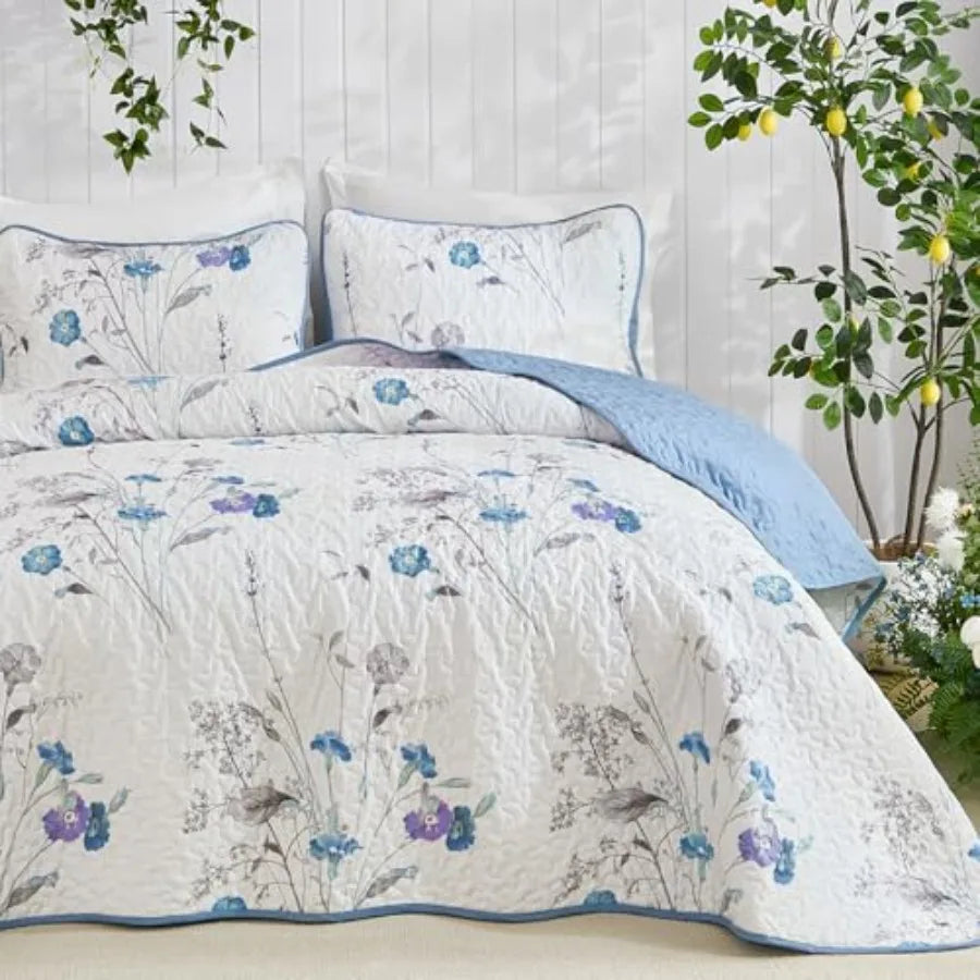 3 Pieces Quilt Set Size, Floral Botanical Plants Pattern Bedspread Coverlet Set with 2 Pillowcases, Soft Lightweight Microfiber
