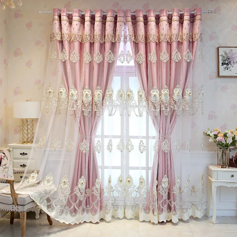 NONECN Elegant Double Layer Embossed 3D Embroidered Blackout Curtains Bedroom
