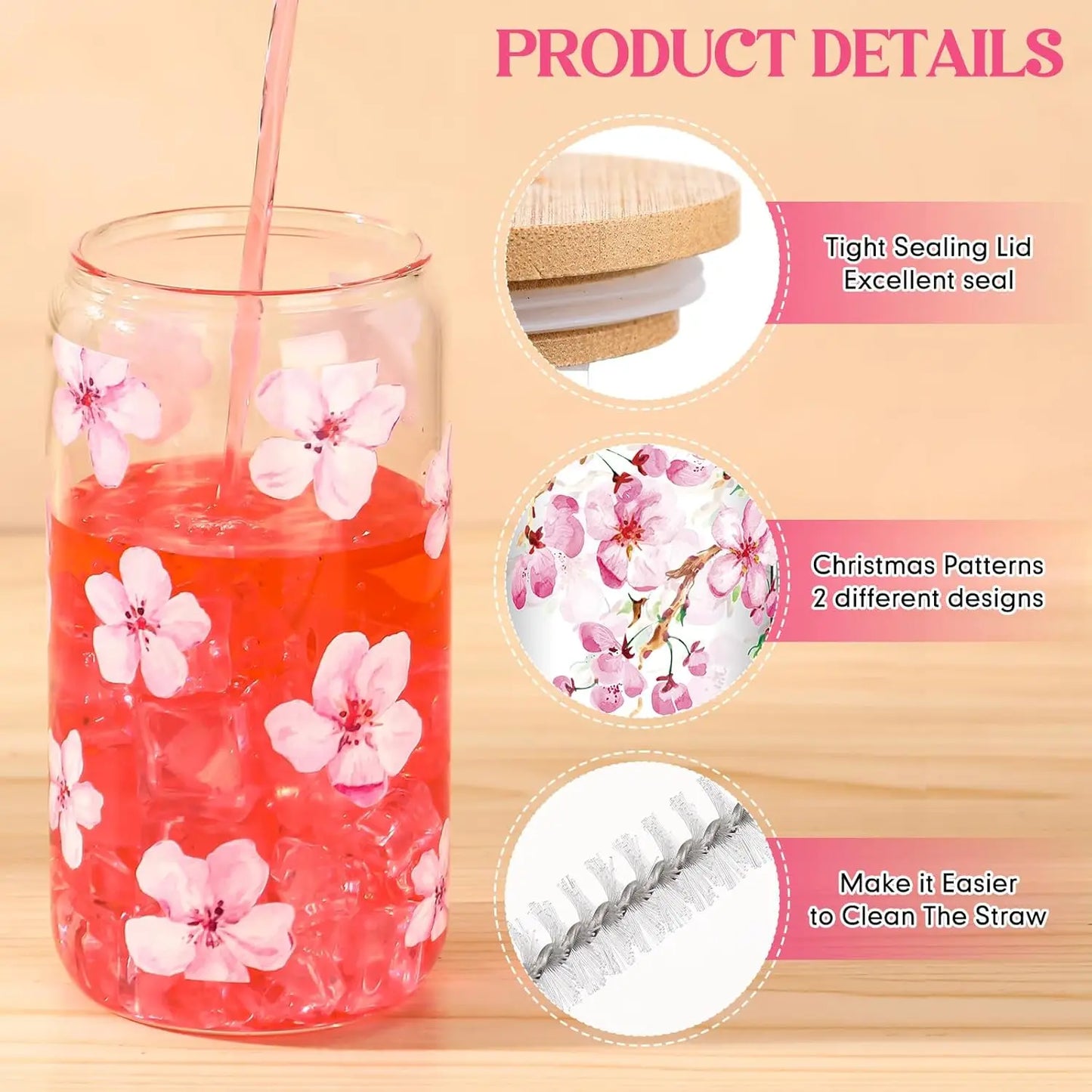 Cherry Blossom Glass Cup Sakura Coffee Cup With Bamboo Lid And Straw Brush