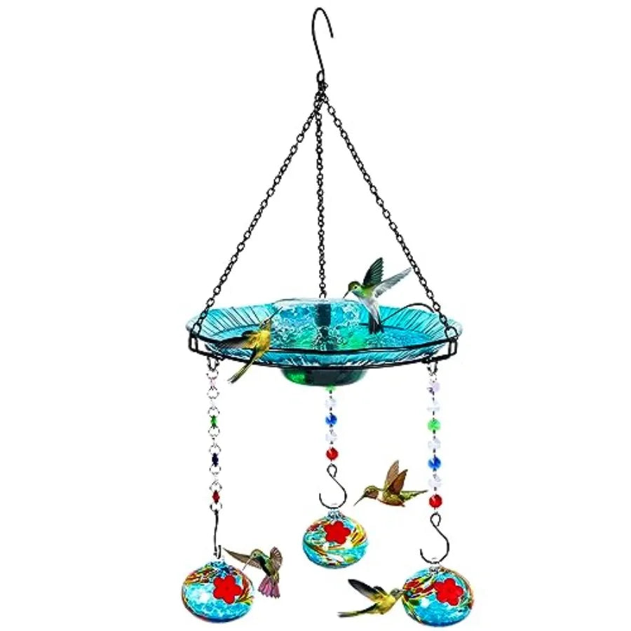 Hummingbird Feeder and Bird Bath for Outdoors 2-in-1 for Small Birds - Hummingbird Bath Fountain with 3 Feeder Pots - Hanging S