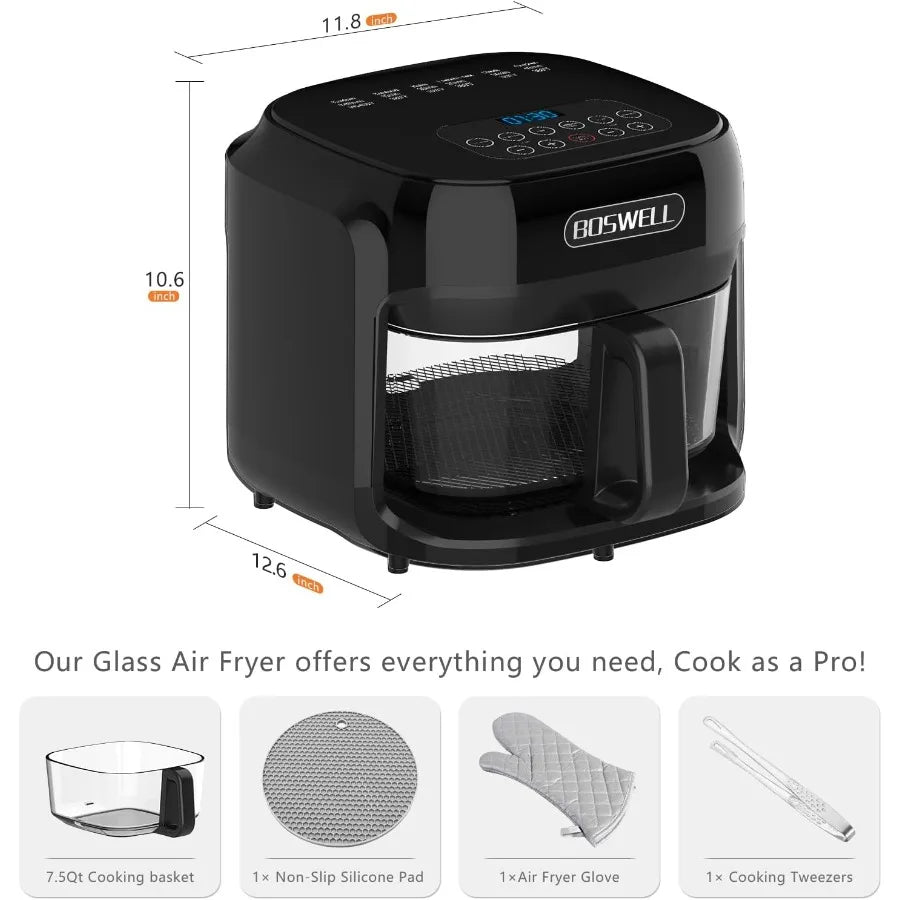 Glass Air Fryer 7.5QT with Transparent Fry Bowl for Easy Monitoring Advanced Circulating Heating Technology for Even Cooking Pr