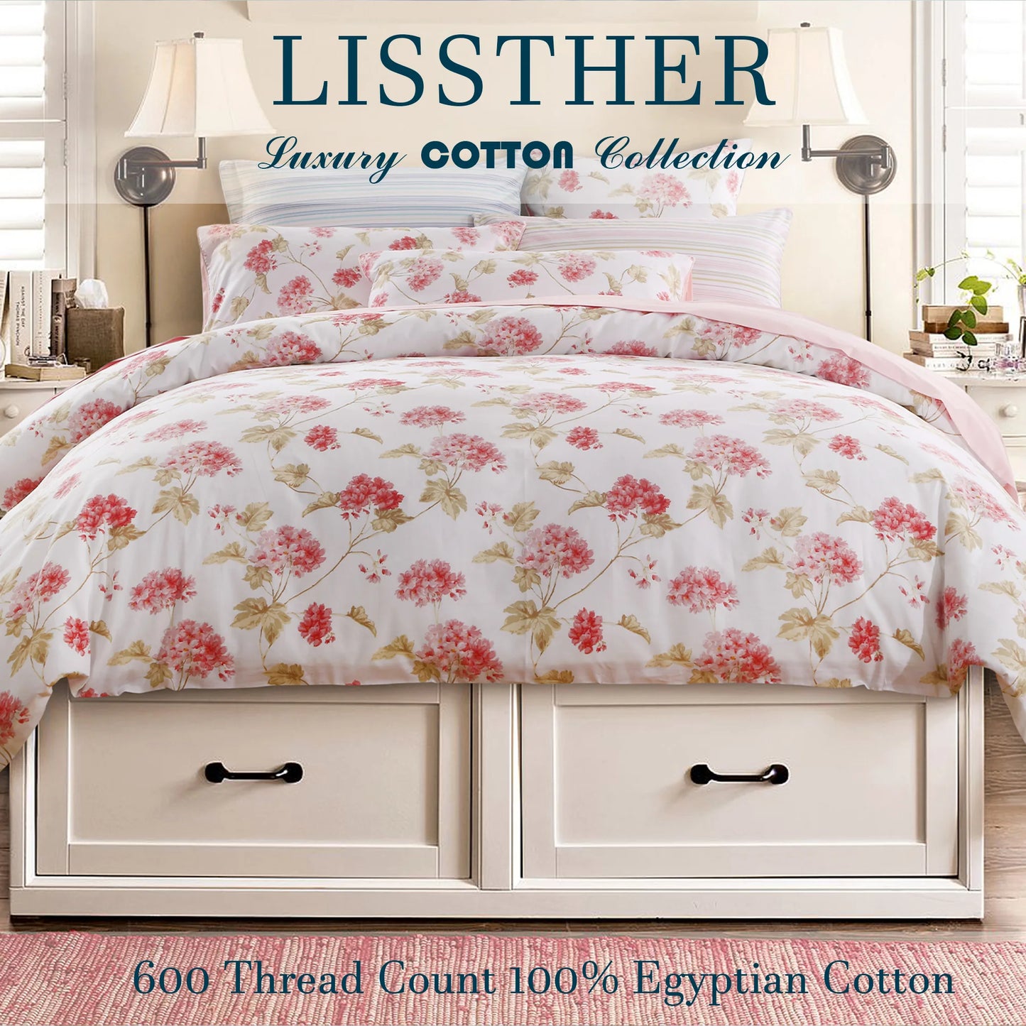 LISSTHERCN 3 Piece 600TC Egyptian Cotton Duvet Cover Set Floral