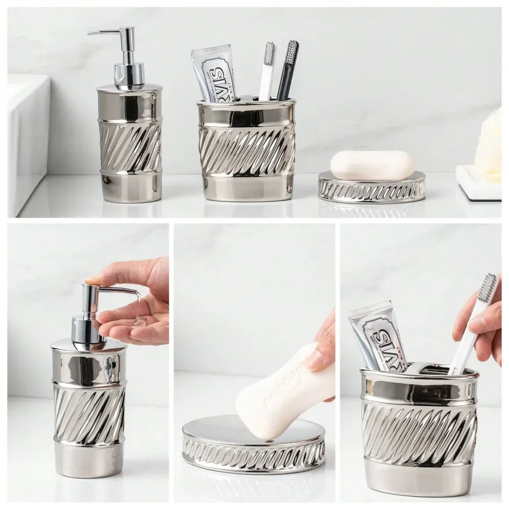 3Piece Ceramic Bathroom Accessories Set Soap Dispenser, Toothbrush Holder Soap Dish With Modern Wave Embossed Design For Bathro