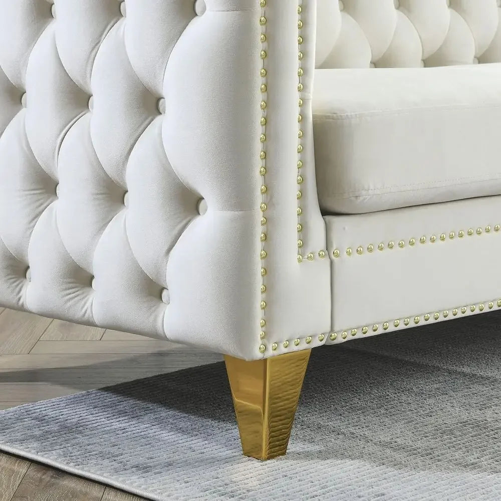 Velvet Sofa Set: Button-Tufted 3-Seat Sofa and 2-Seat Loveseat with Nailhead Trims and Metal Legs