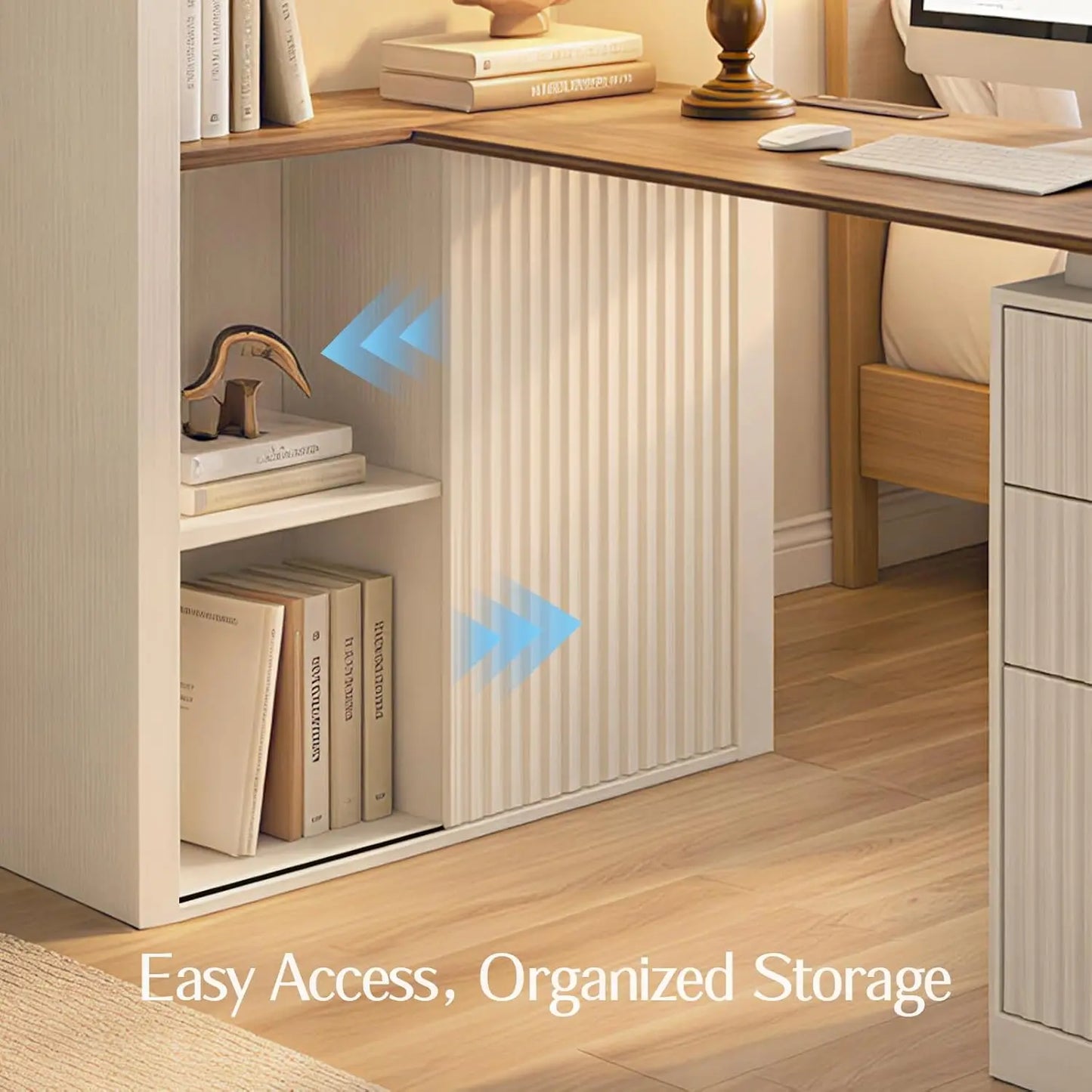 NORTHSKY 61" L-Shaped Desk with Arched Bookshelf, Fluted Corner Computer Desk with 3 Drawers, Sleek Sliding Door, Built-in Charg