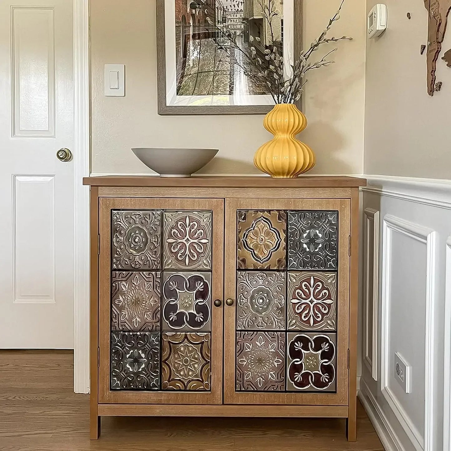 Farmhouse Boho Accent Cabinet With Solid Wood Frame