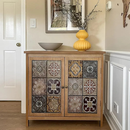Farmhouse Boho Accent Cabinet With Solid Wood Frame