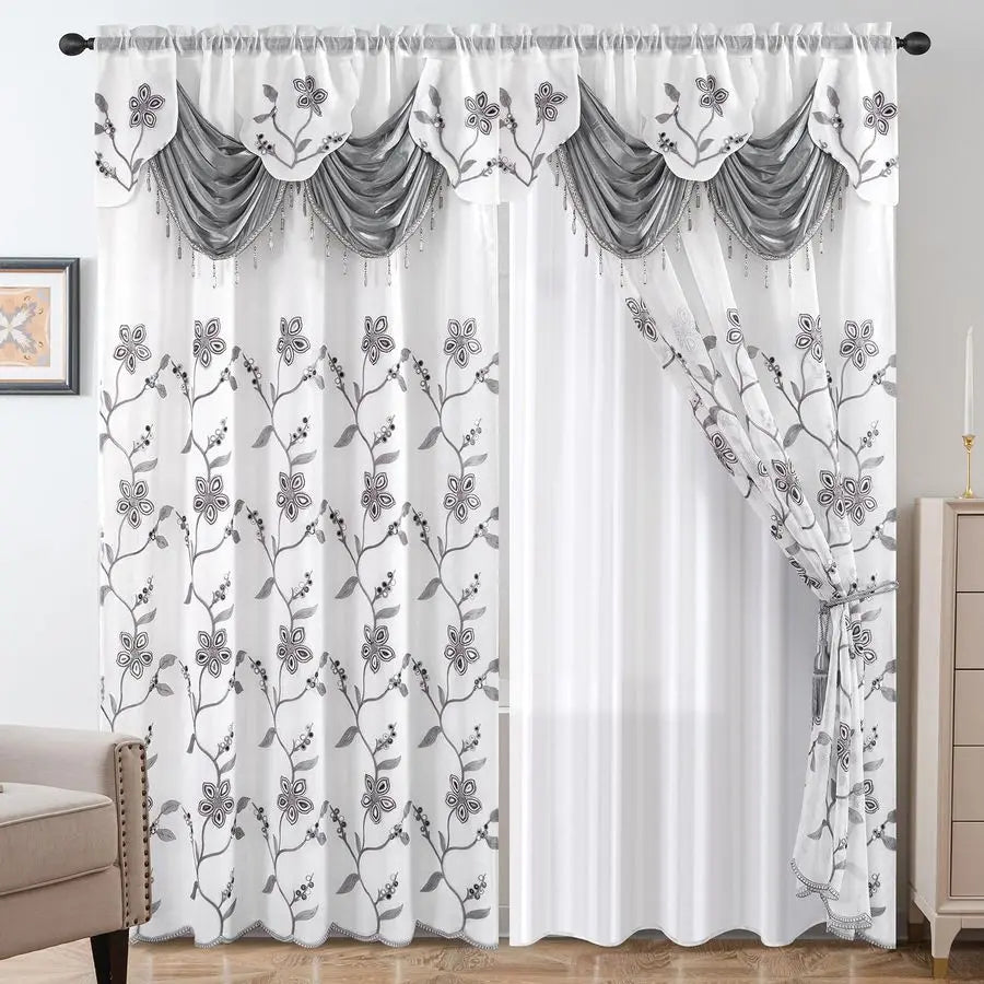 Embroidered Sheer Curtain 2 Panels Set Luxury Window Curtain Attached Valance with Satin Backing and 2 Tie Backs for Living Room