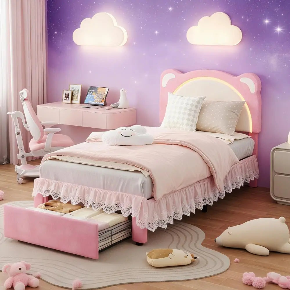 Led Bed Frame With Storage And Bear Headboard In Velvet