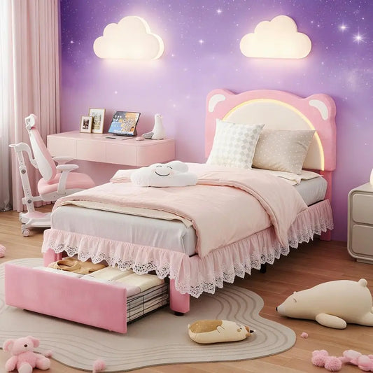 Led Bed Frame With Storage And Bear Headboard In Velvet