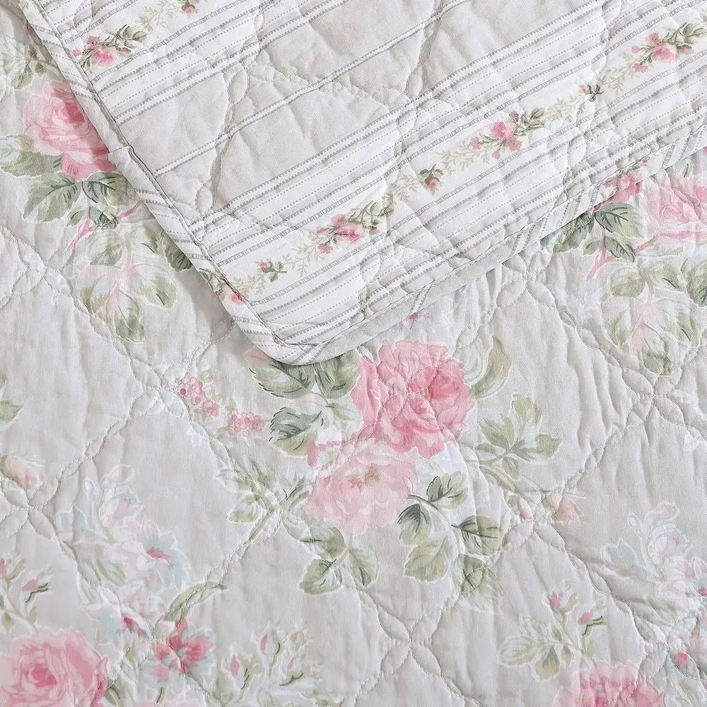 Reversible Cotton Queen Quilt Set with Matching Shams, Lightweight All-Season Bedding, Melany Pink