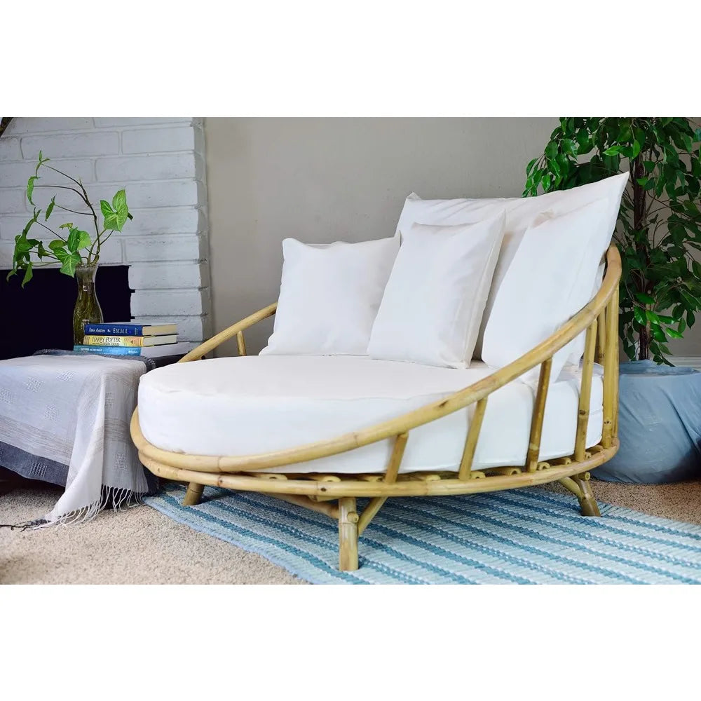 ZEW Rattan Bamboo Round Daybed Outdoor Sofa Chair with Cushion and Pillows for Backyard, Porch, Swimming Pool, Living Room