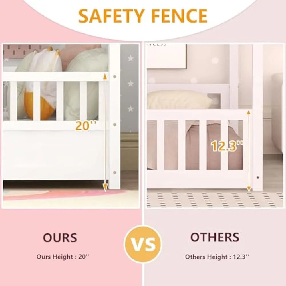 Montessori Floor Bed Twin Size, Twin Montessori Bed with Fence, Twin Size House Bed for Kids, Girls, Boys