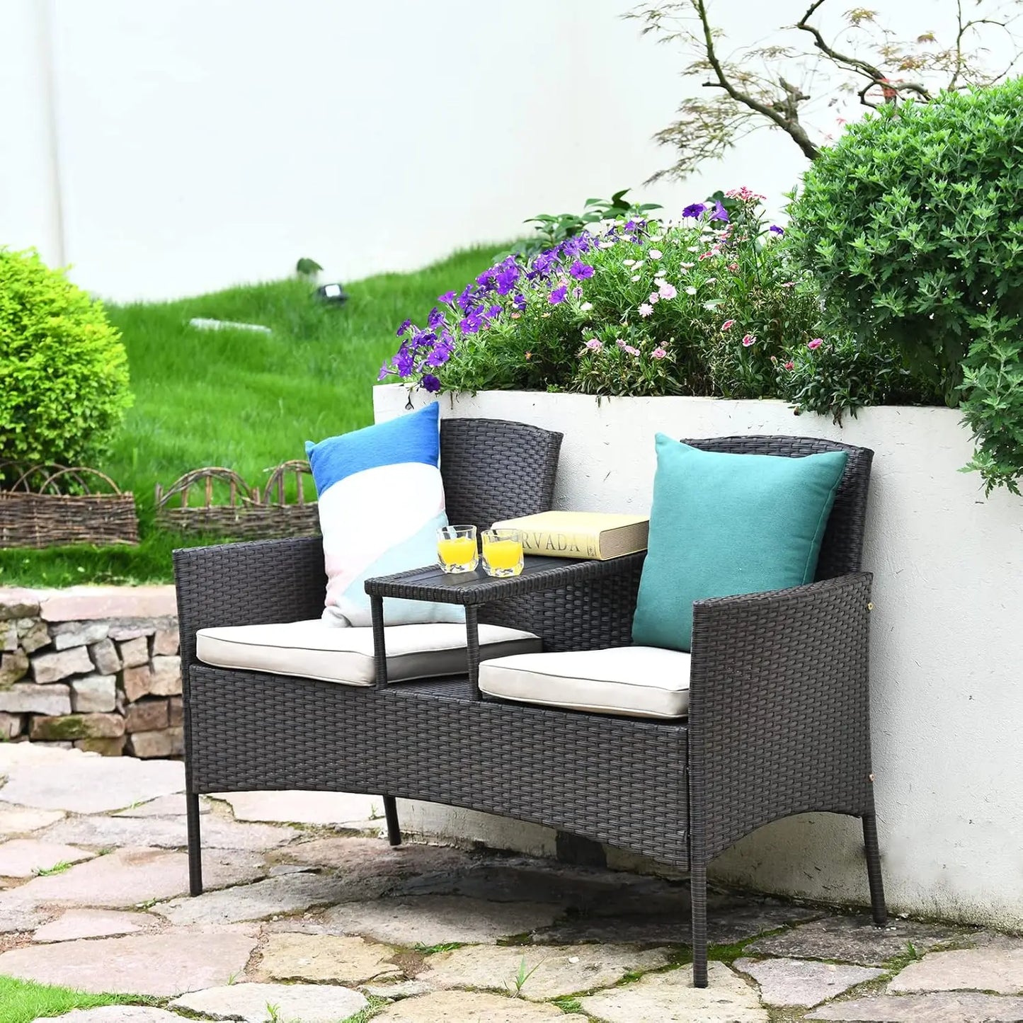 Outdoor Rattan Loveseat Modern Patio Conversation Set With Cushions Table