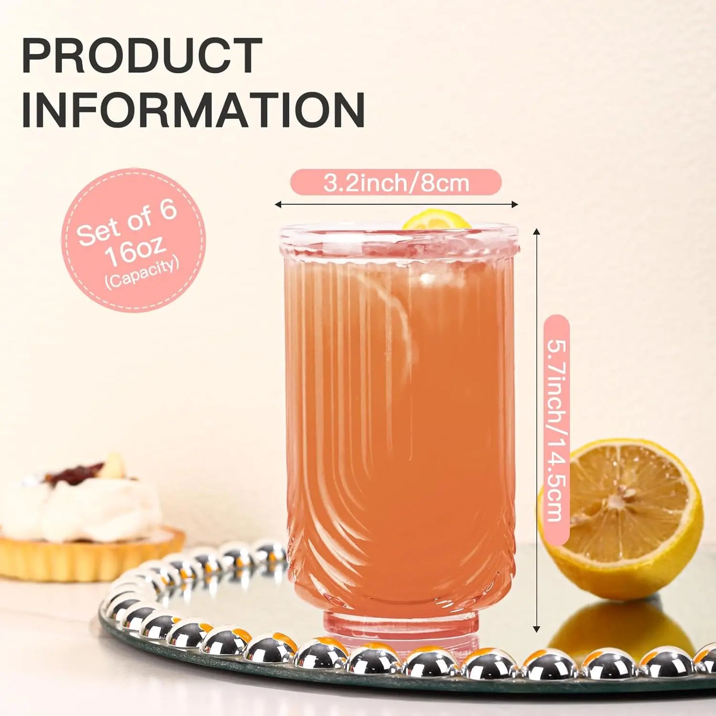 Vintage Glassware Set of 6 Art Deco Ripple Highball Glasses