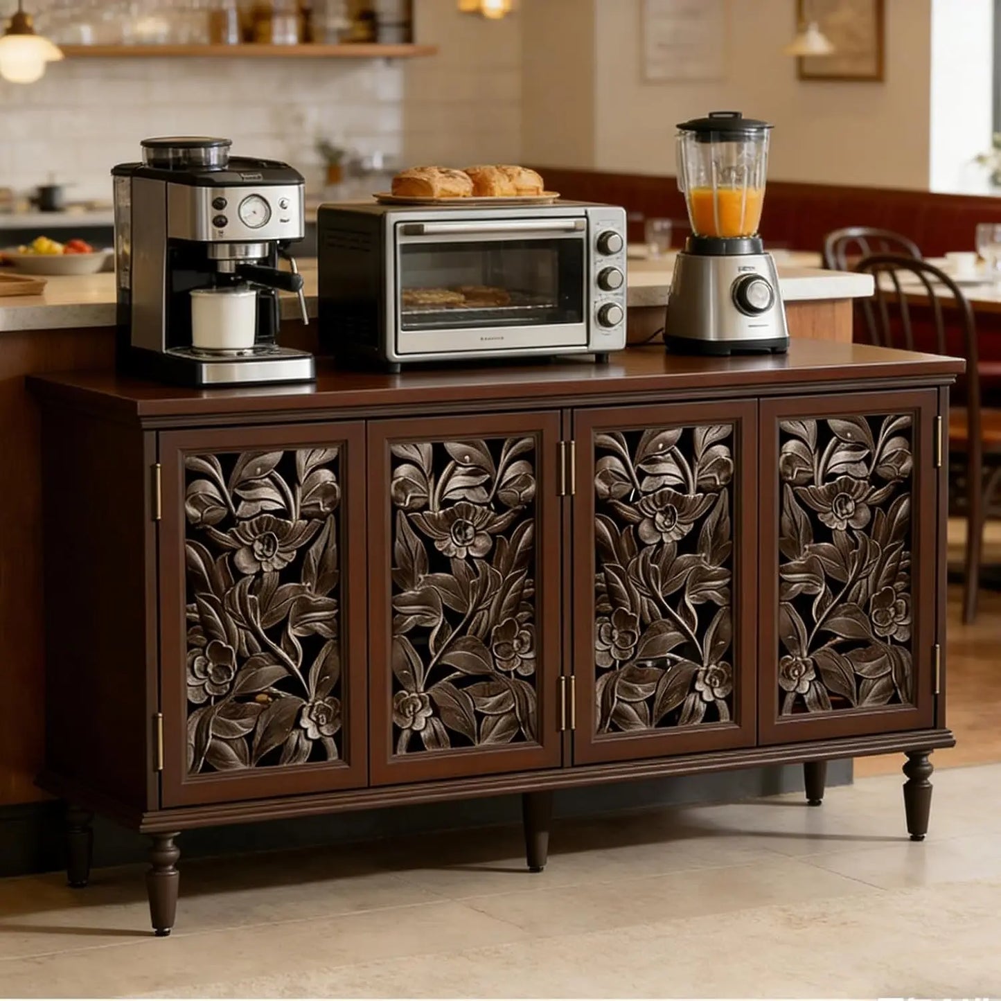 4-Door 61" Sideboard Buffet Console Adjustable Shelves Wood Grain Hidden Handles Kitchen Dining Living Storage Customized