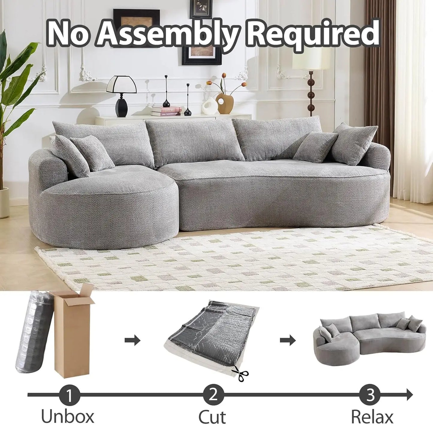 L-Shaped Sofa Sectional Couch With Curved Seat Design And 7 Pillows Customized