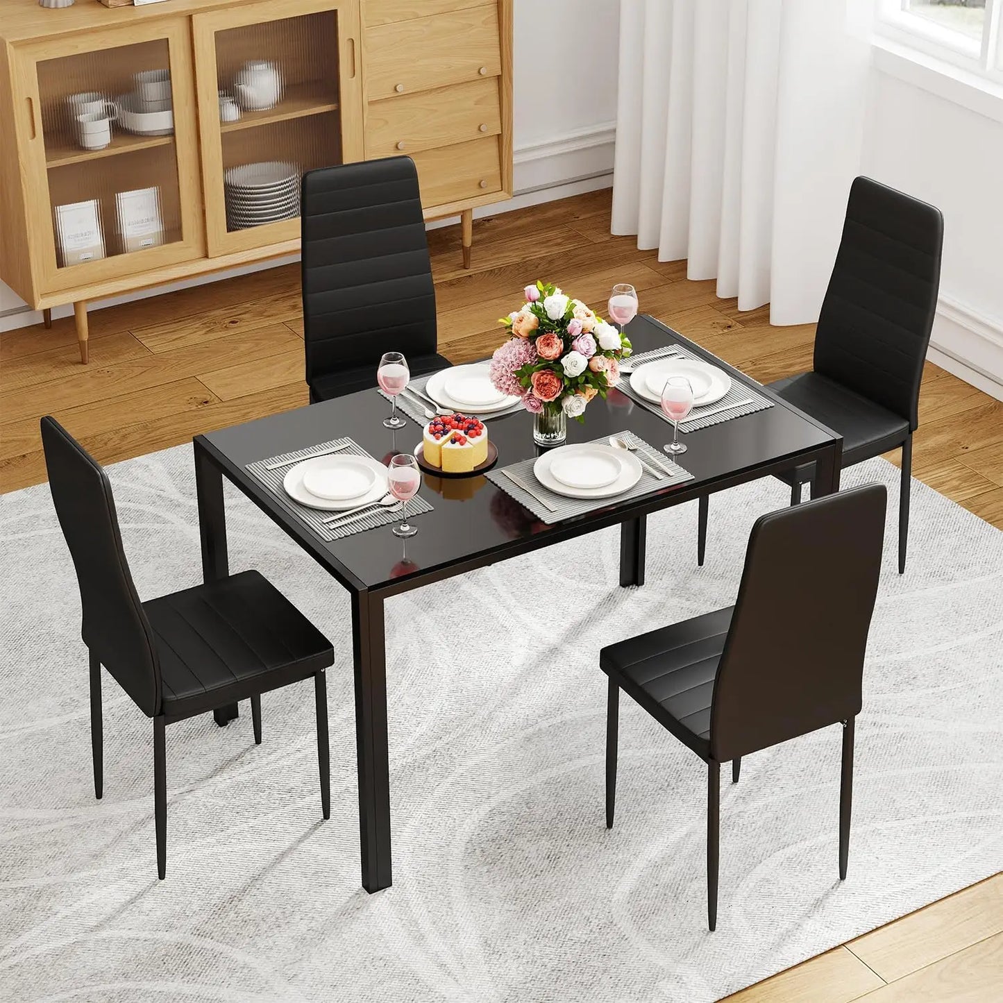 Modern Glass Dining Table Set For Four With Upholstered Chairs