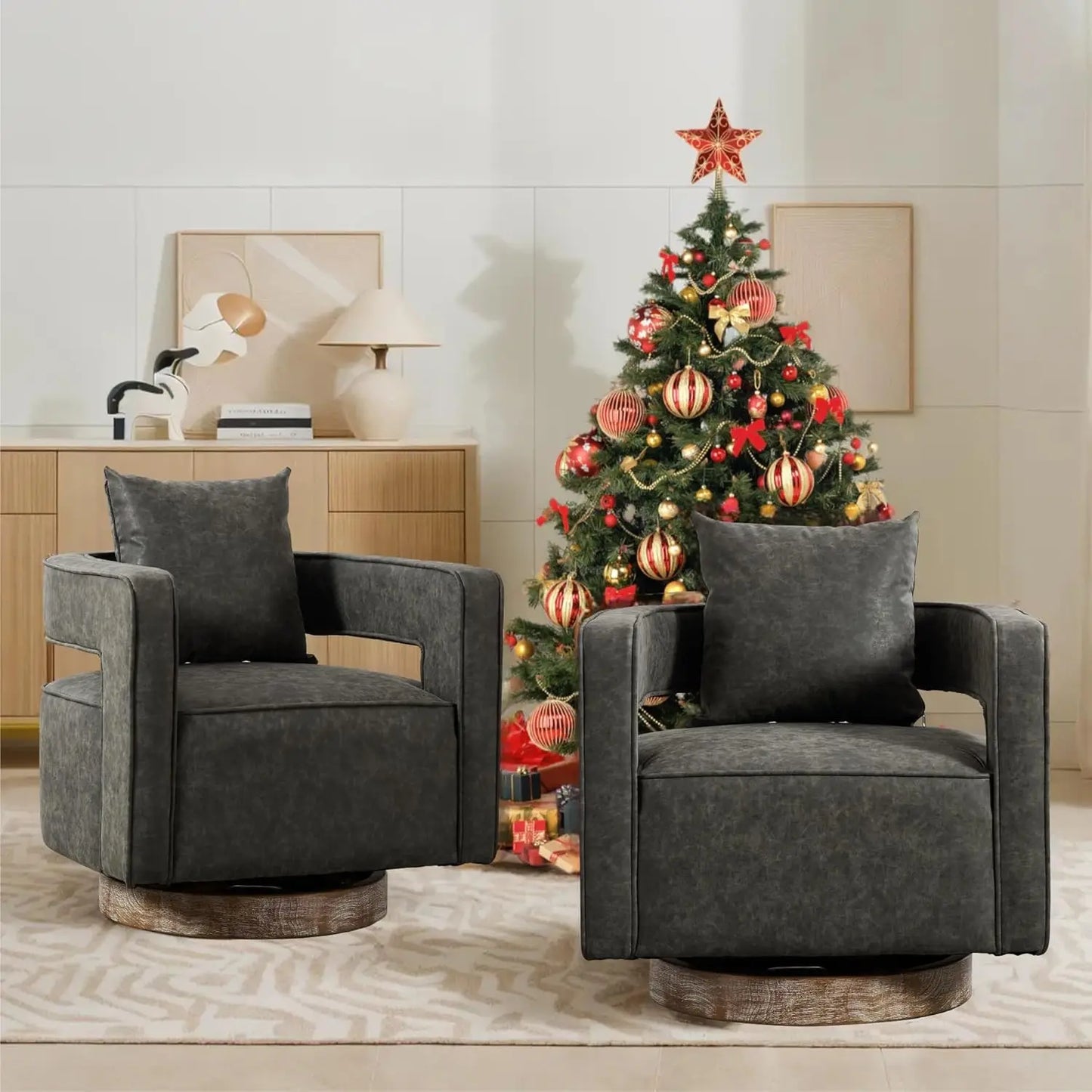 Upholstered Swivel Accent Chair Set Of 2 Linen Open Back Barrel Chair Pillow