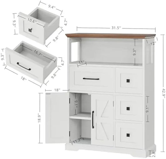 Farmhouse Bathroom Storage Cabinet With Four Drawers And Shelves