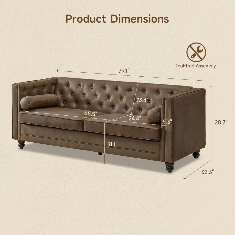 Chesterfield Faux Leather Sofa Mid-Century Modern With Deep Seat