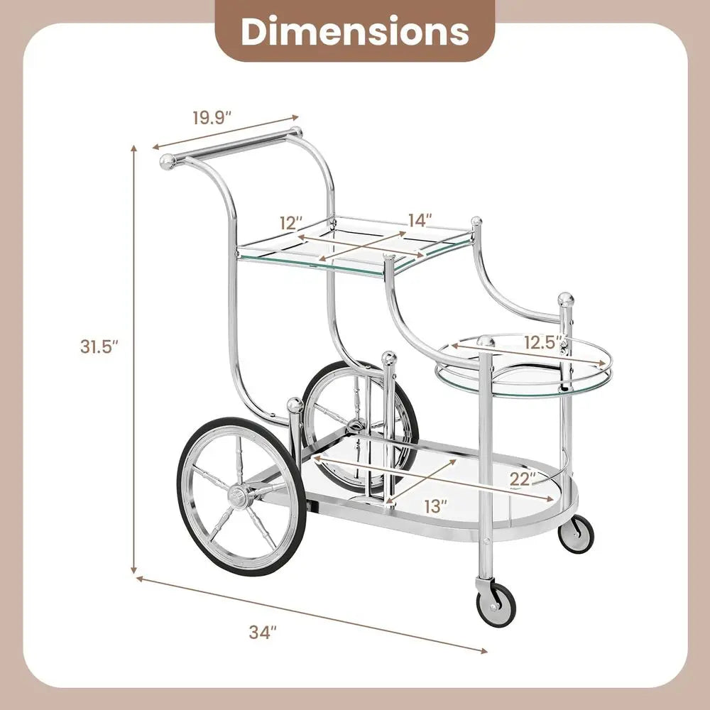 Glass Rolling Bar Cart, Rolling Serving Cart with 3Tier Shelf, Directional Wheels amp Universal Wheels, Mobile Wine Tea Serving