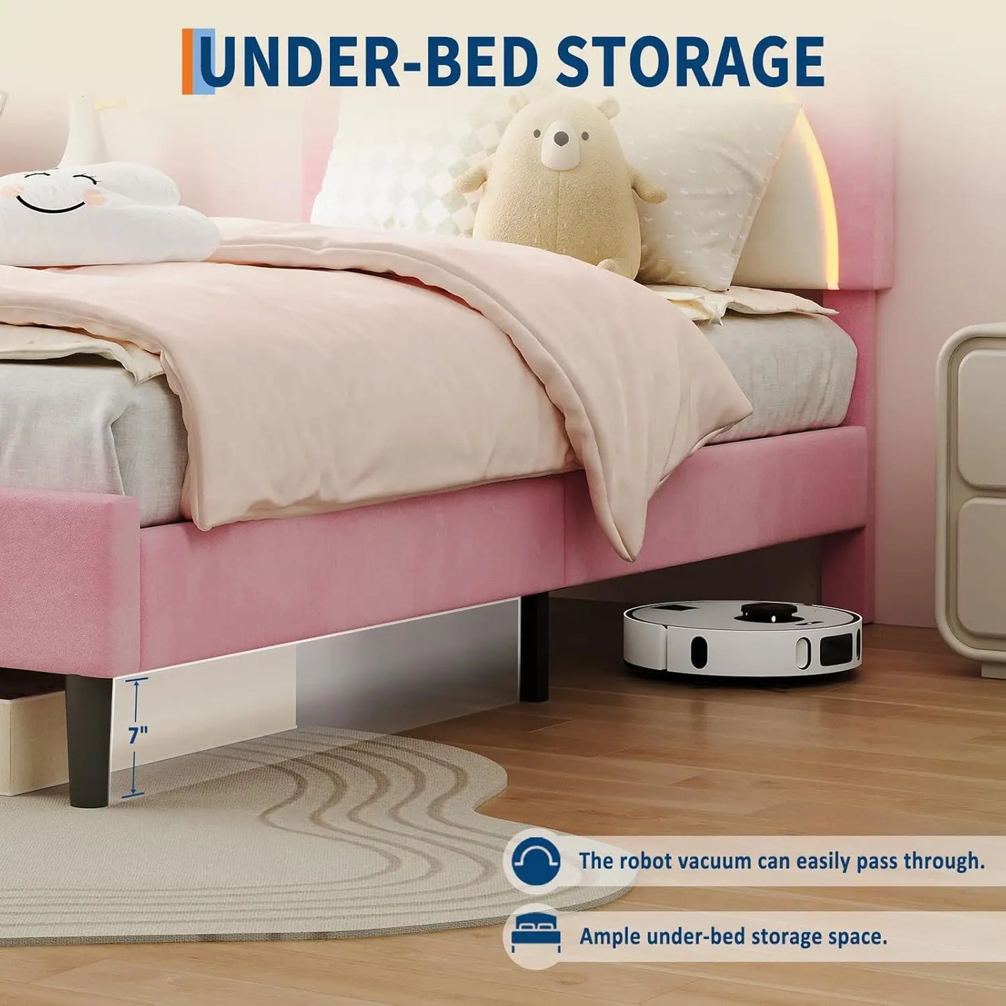 Led Bed Frame With Storage And Bear Headboard In Velvet