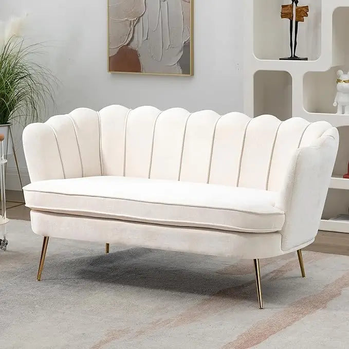 Chenille Upholstered Loveseat With Gold Metal Legs Petal Design