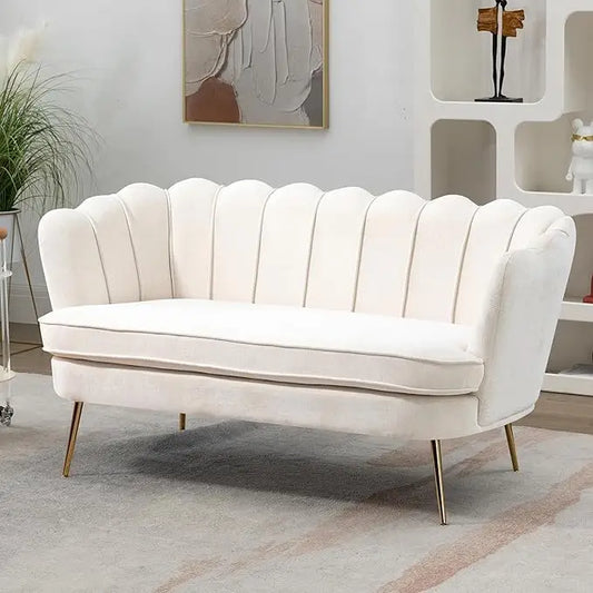 Chenille Upholstered Loveseat With Gold Metal Legs Petal Design