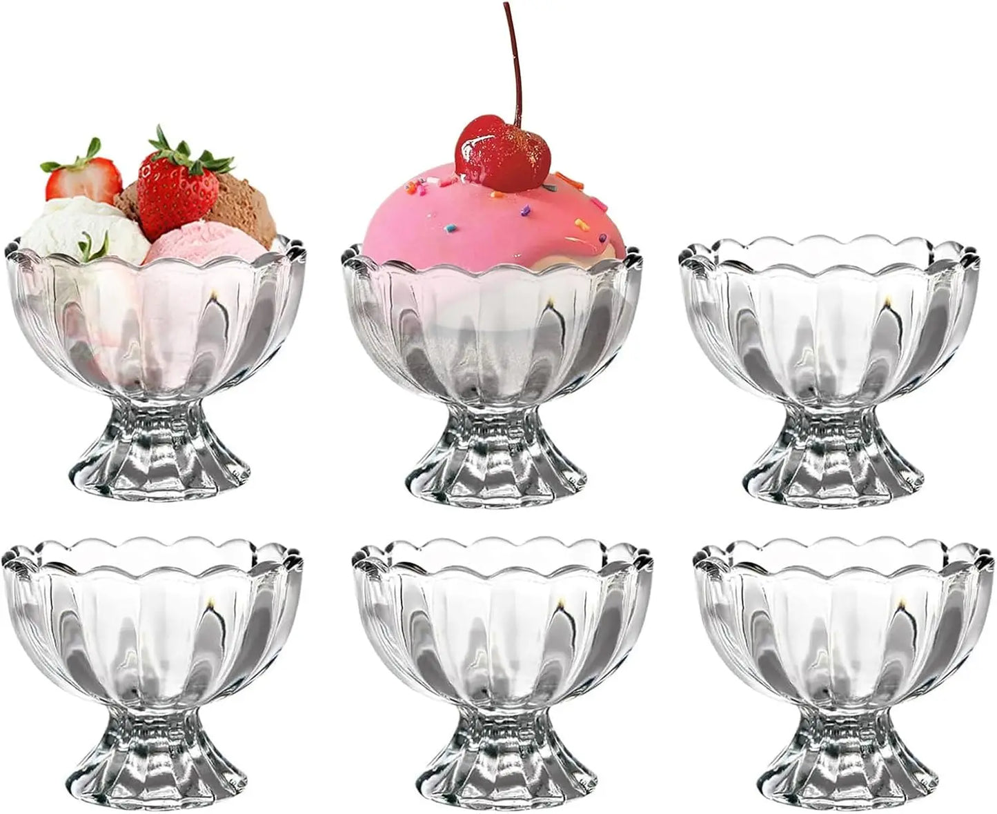 Vintage Glass Dessert Bowls, 5oz Ice Cream Cups for Sundae, Fruit, Pudding & Small Snacks (Set of 6)