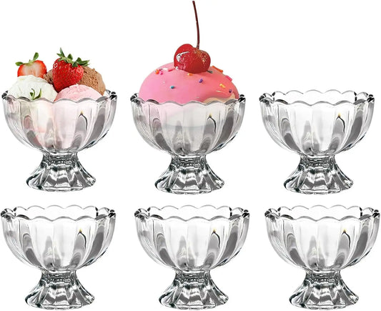 Vintage Glass Dessert Bowls, 5oz Ice Cream Cups for Sundae, Fruit, Pudding & Small Snacks (Set of 6)