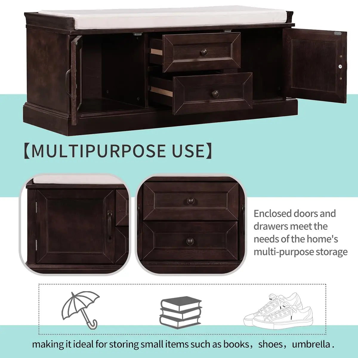 Storage Bench Removable Cushion Shoe Cabinet Doors Drawers Padded Seat Hallway Entryway Espresso, Customized