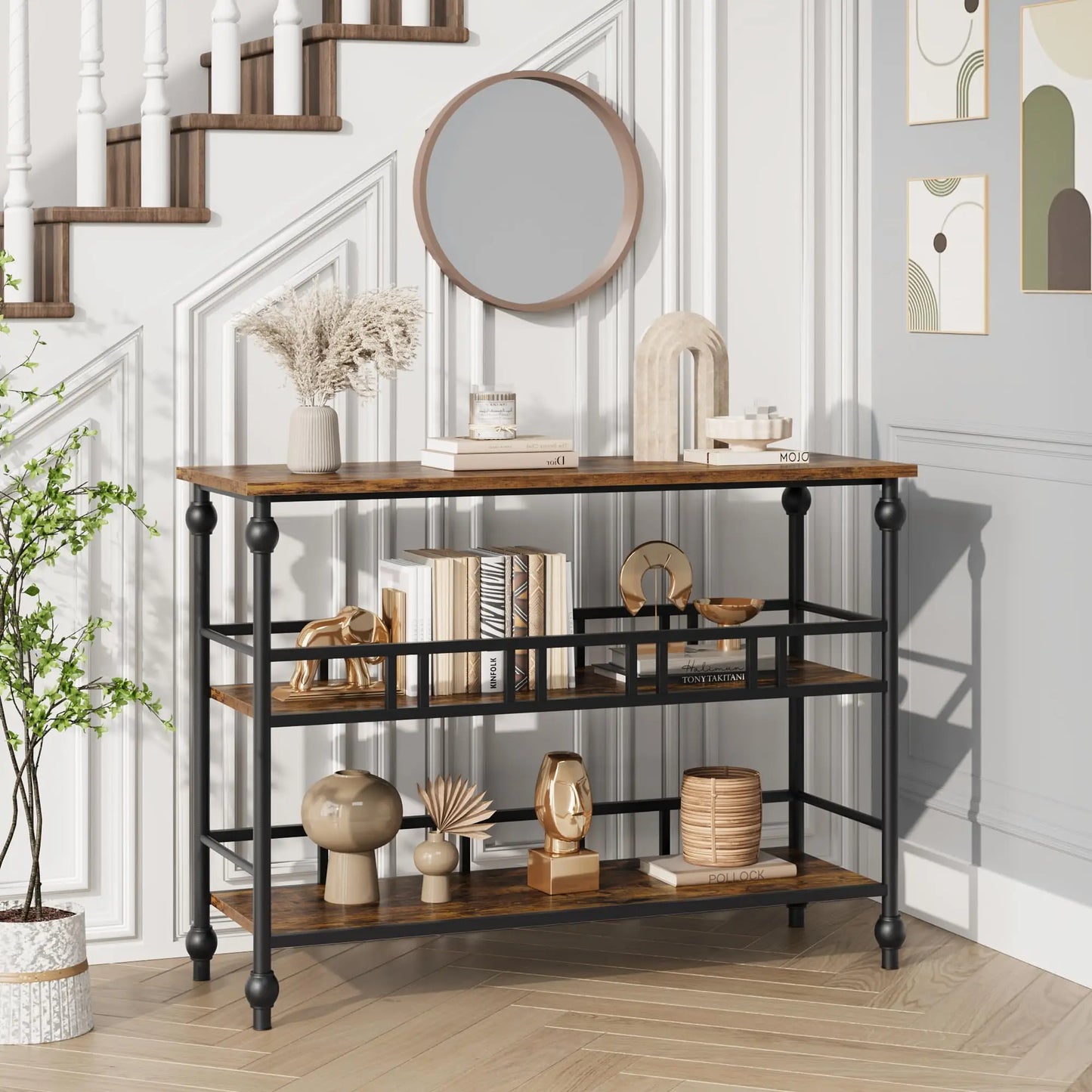 43" Rustic Console Table, 3-Tier Entryway Sofa Table with Shelves & Wood Grain Finish For Living Room Hallway Bedroom