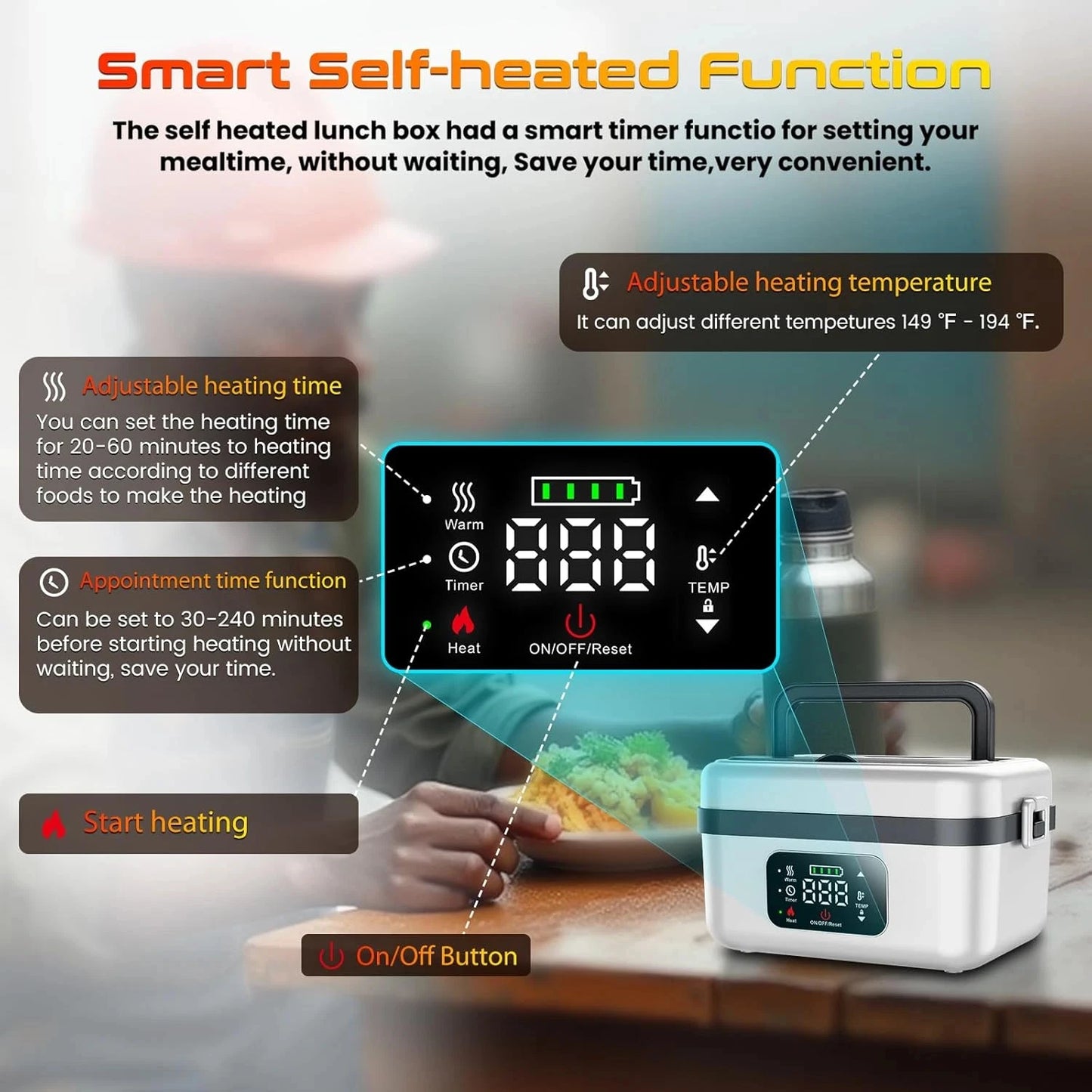 Wireless Insulated Lunch Box 1L Stainless Steel Warmer 60W 8000mAh