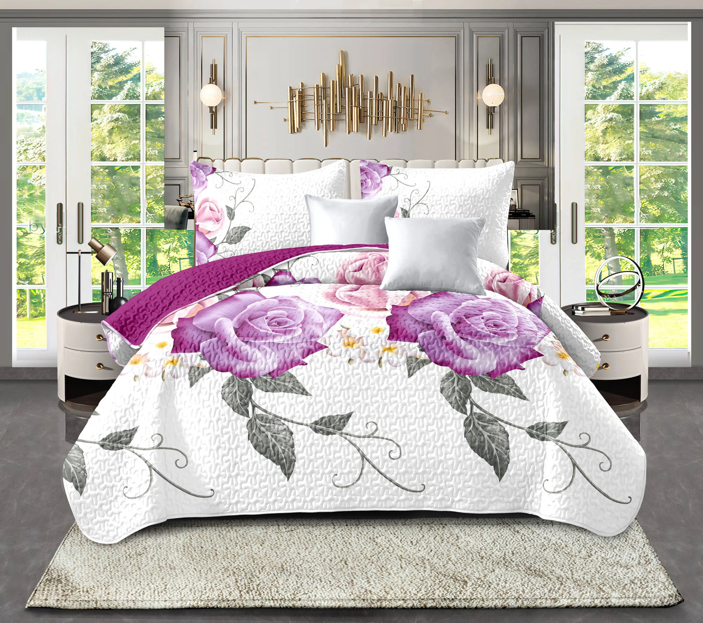 Pink Rose Floral 9Pcs Bedding Set Microfiber Bedspread 2 Printed 4 Solid Curtains 2 Pillowcases Home Decor