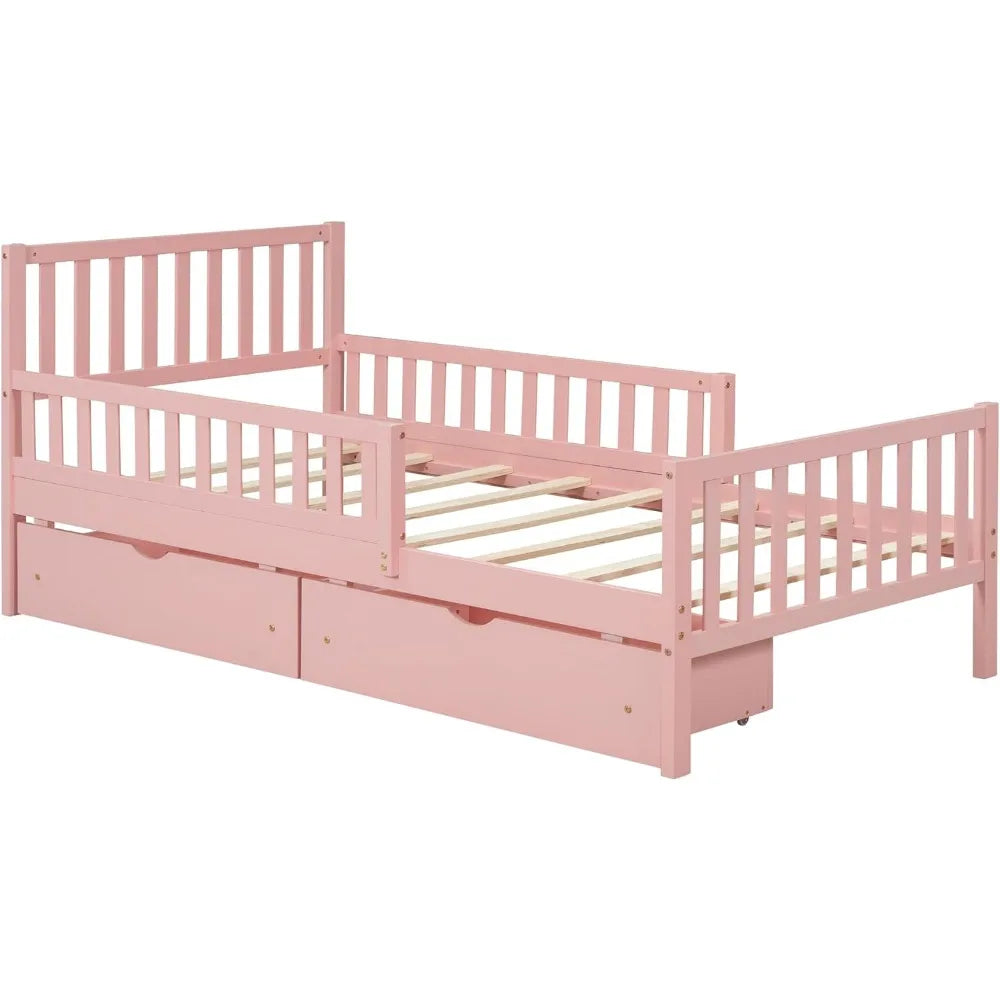 Kids Twin Bed With Guardrails Headboard Footboard And Drawers