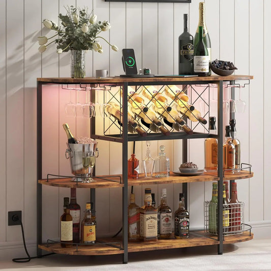 Wine Cabinet Bar Cart Table with Power Socket and LED Light, Three Tiers Coffee Bar Table Wine Rack Liqour Bar with, Customized
